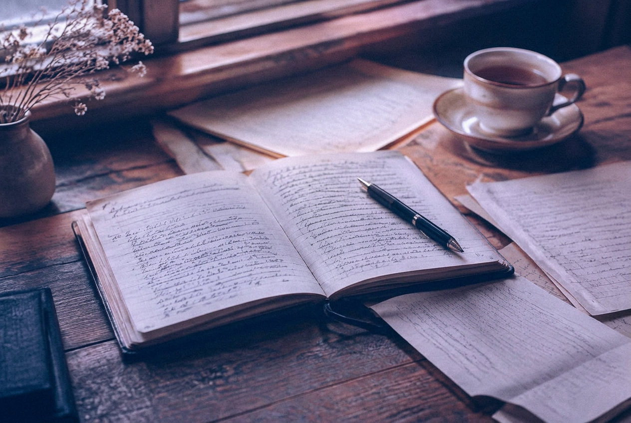 An open notebook and pen on a writing desk